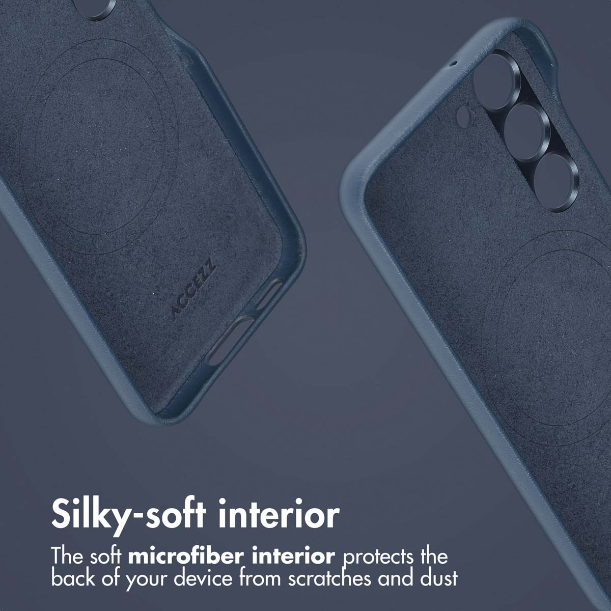 Donkerblauwe telefoonhoes met zachte microvezel binnenzijde.