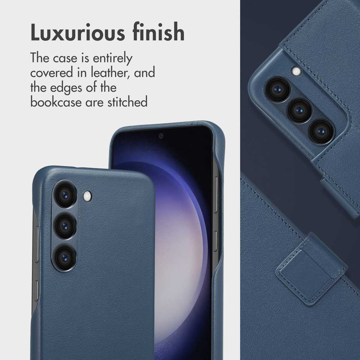 Blauwe leren telefoonhoes met camera-uitsparingen en gestikte randen.