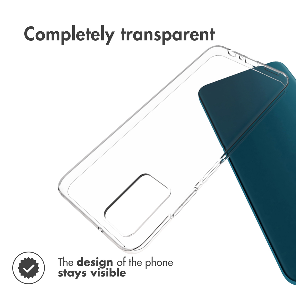Una funda de móvil transparente se encuentra junto a un smartphone azul.