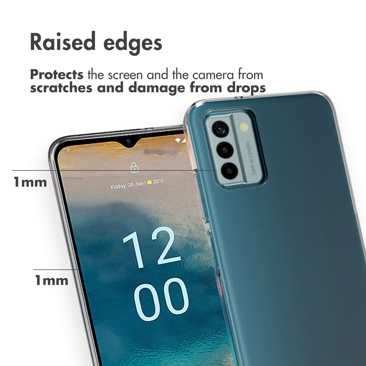 Smartphone en funda transparente con bordes elevados de 1 mm para proteger pantalla y cámara de arañazos y caídas.