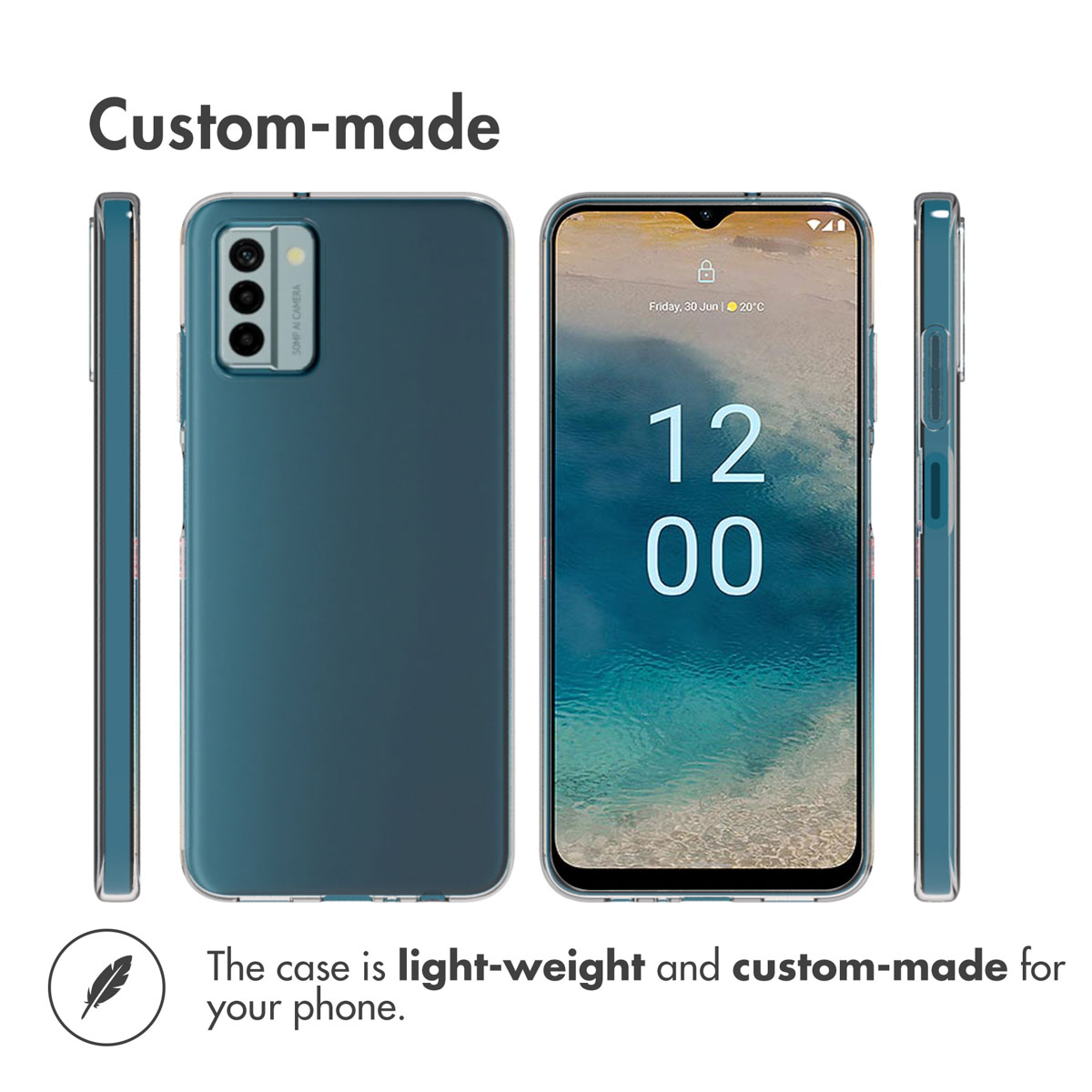 Varias vistas de una funda de teléfono azul ligera y hecha a medida.