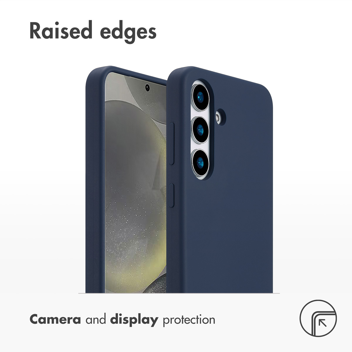 Custodia per smartphone blu scuro con bordi rialzati per la protezione di schermo e fotocamera.