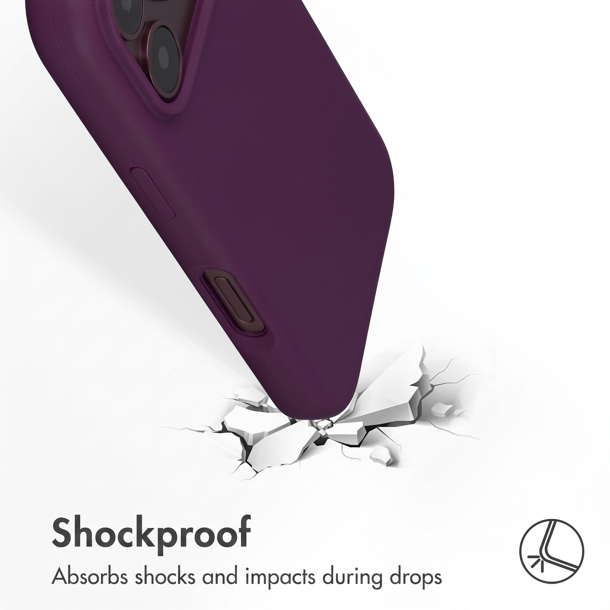 Une coque de téléphone violette frappe une surface blanche, la craquelant pour illustrer la résistance aux chocs.