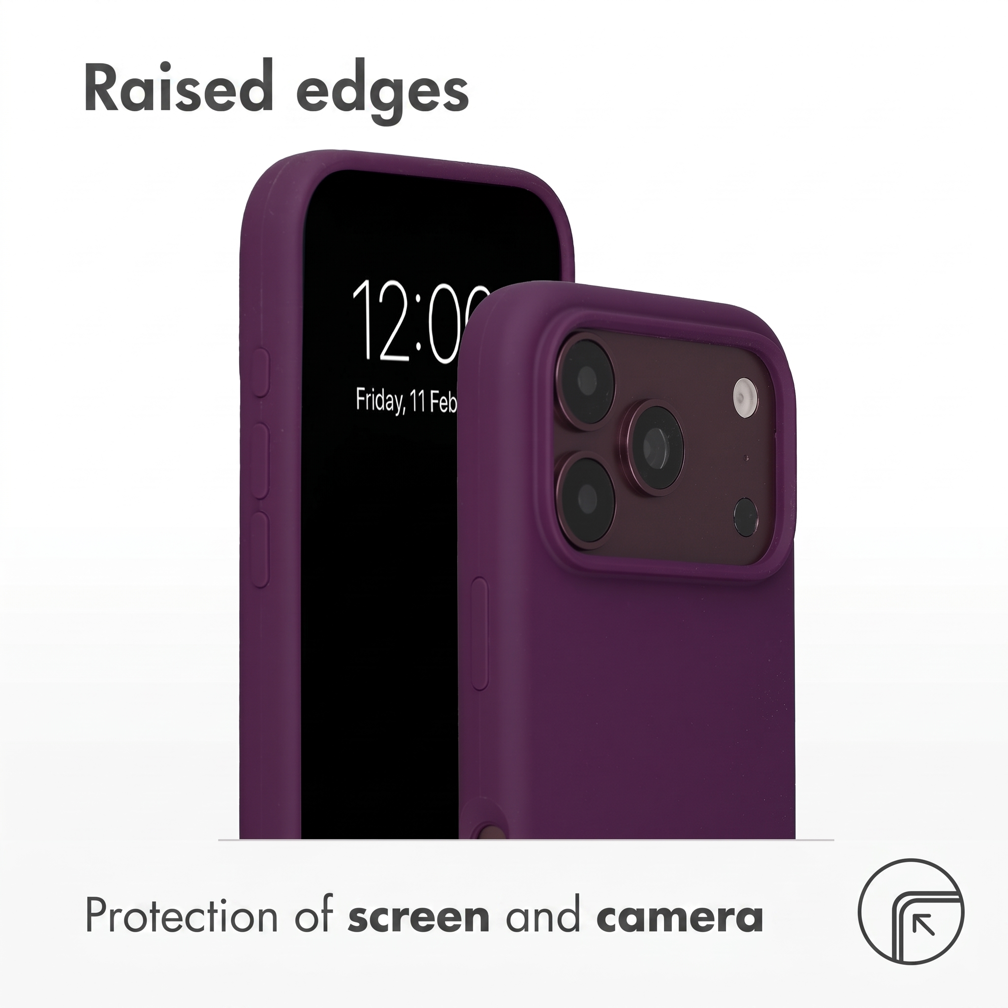 Deux coques de téléphone violettes montrent la protection de l'écran et de l'appareil photo.