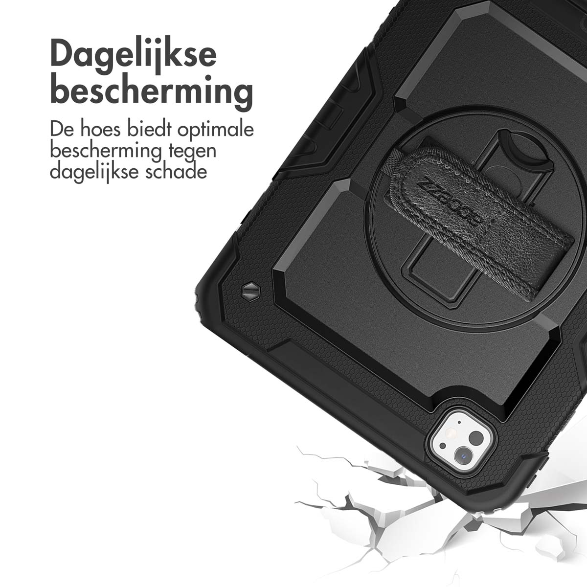 Custodia nera per tablet con supporto integrato e testo in olandese.