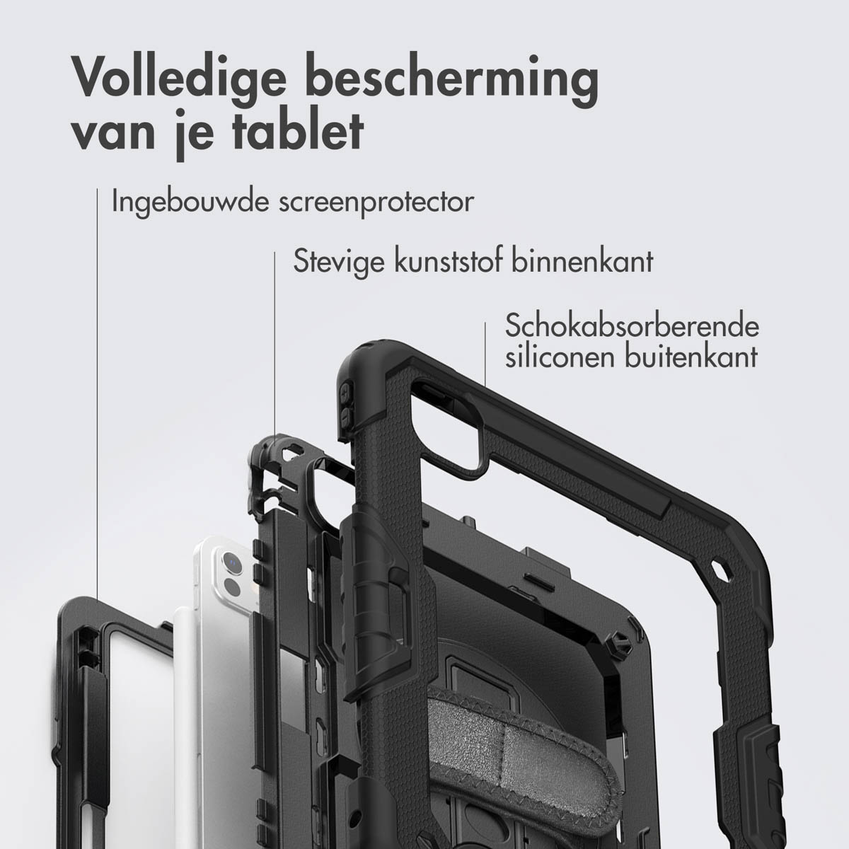 Diagramma che mostra una custodia protettiva nera per tablet con diversi strati.