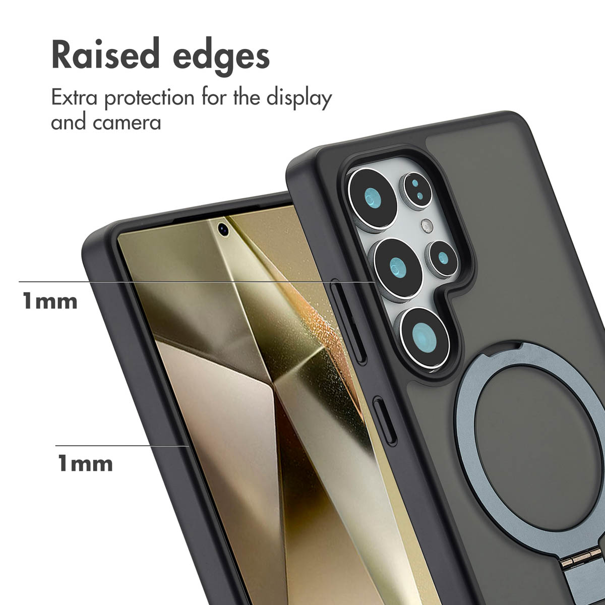 Smartphone in custodia nera con bordi rialzati di 1 mm per display e fotocamera, e anello MagSafe.
