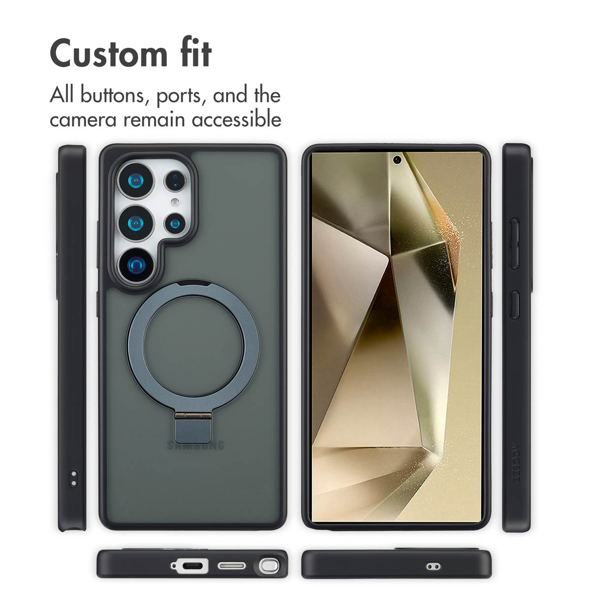 Custodia per smartphone con supporto ad anello, che mostra viste anteriore, posteriore e laterale.