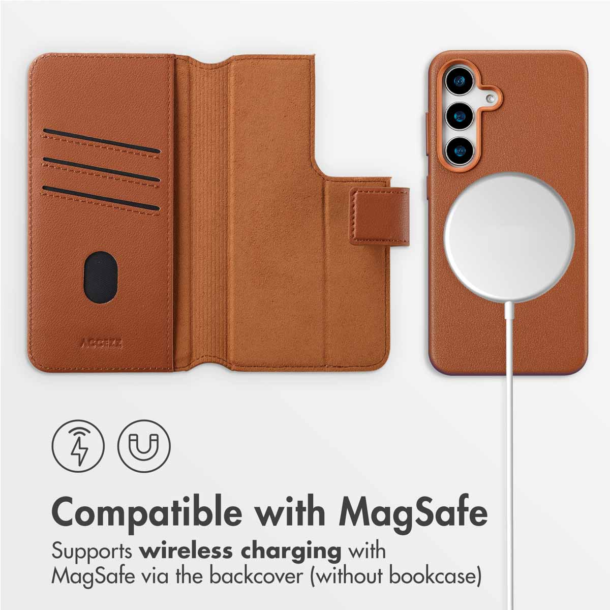 Custodia per telefono in pelle marrone con porta carte e caricabatterie wireless MagSafe.