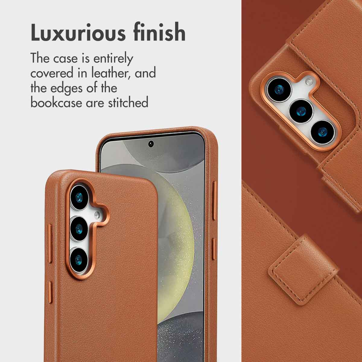 Lussuosa custodia per telefono in pelle marrone con bordi cuciti e ritagli per fotocamera.