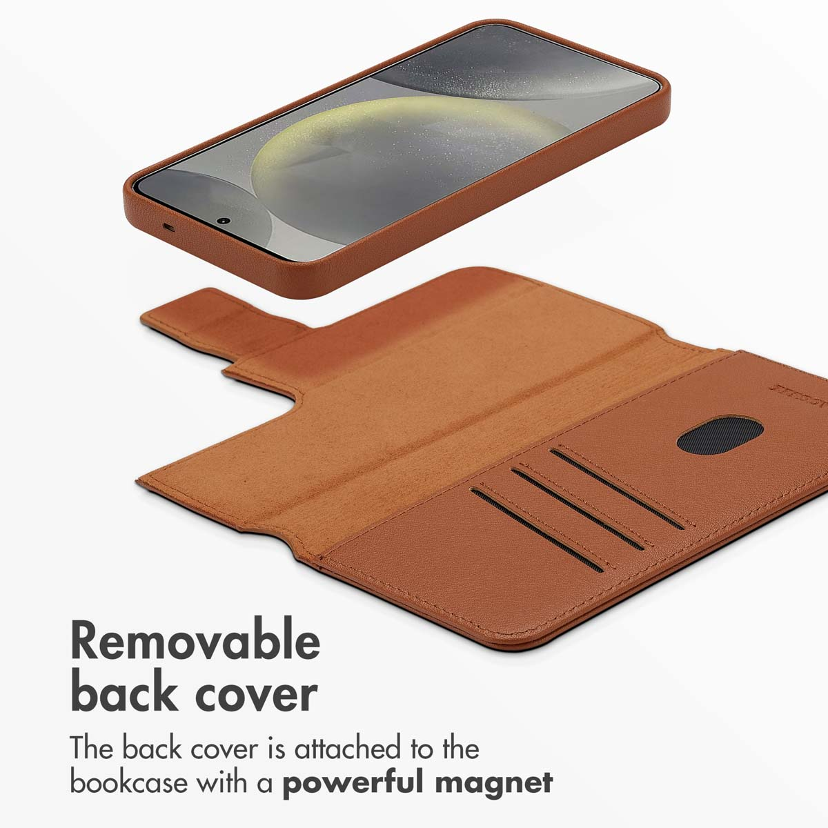 Custodia per telefono in pelle marrone con cover e magnete.