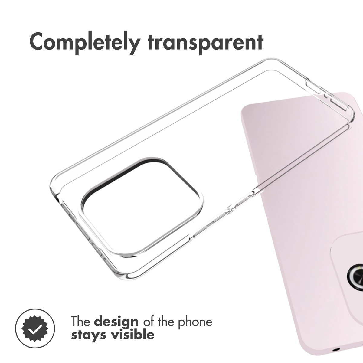 Una funda de móvil totalmente transparente muestra el smartphone rosa debajo.