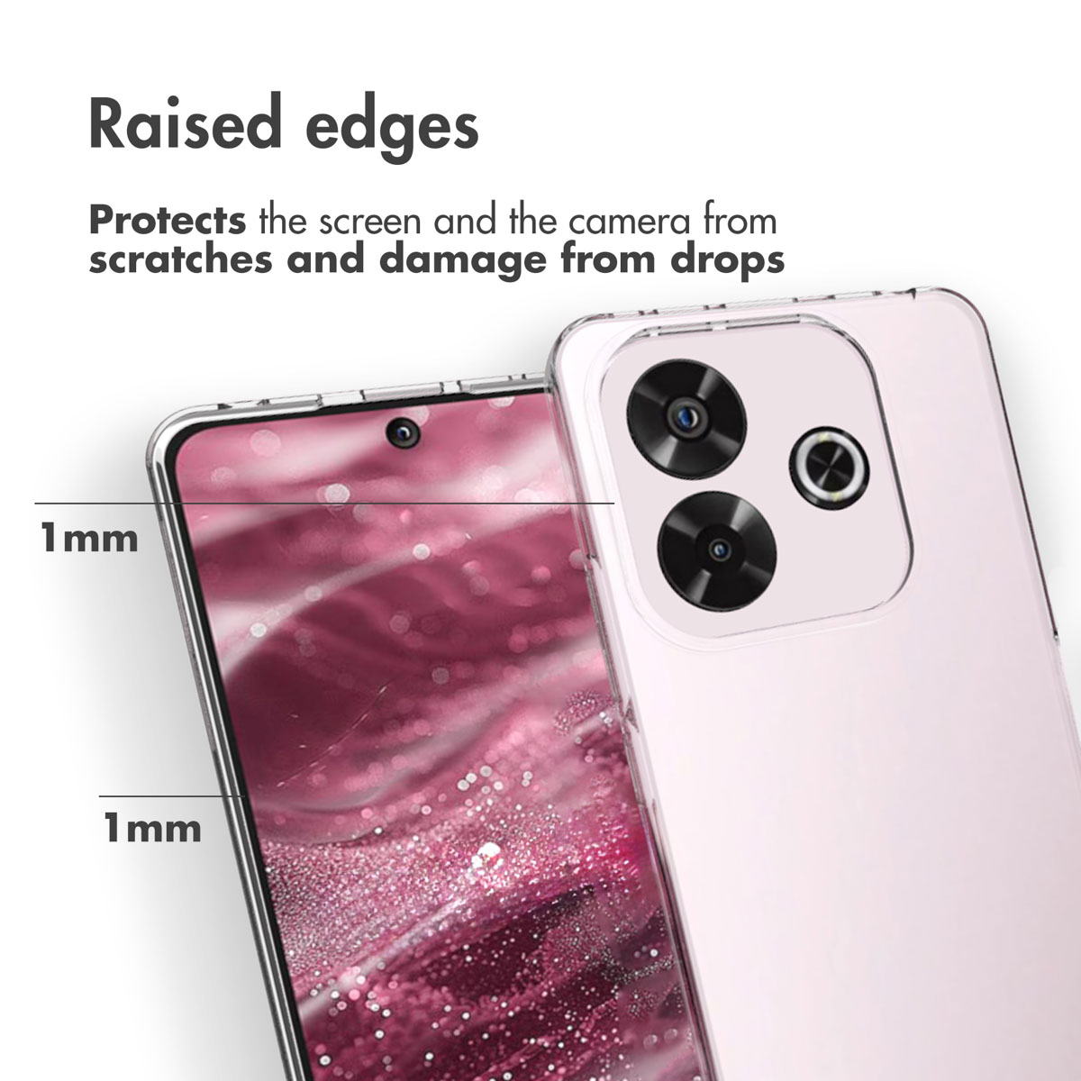Un smartphone en funda transparente con bordes elevados de 1 mm para protección.