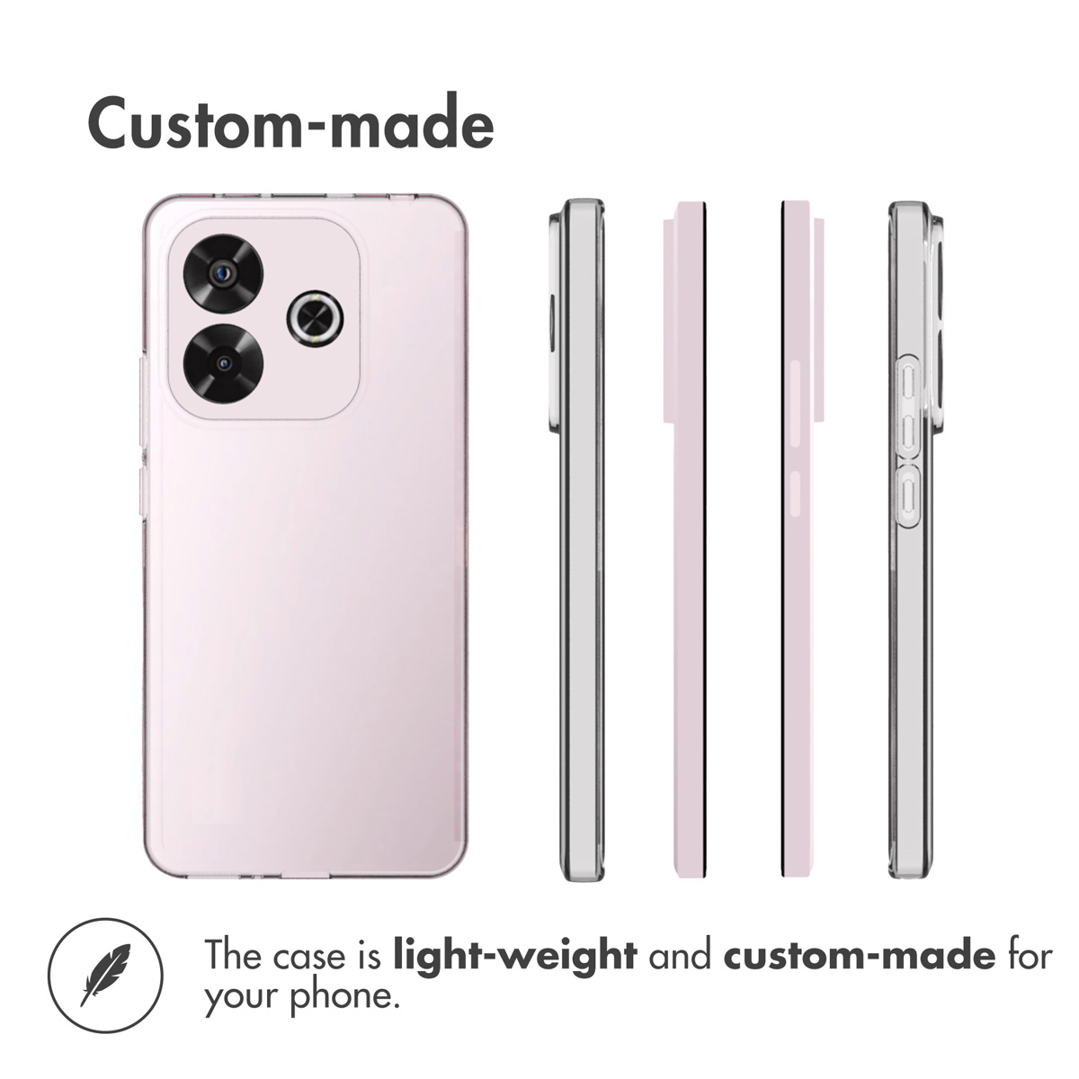 Una funda de teléfono ligera hecha a medida mostrada desde múltiples ángulos.
