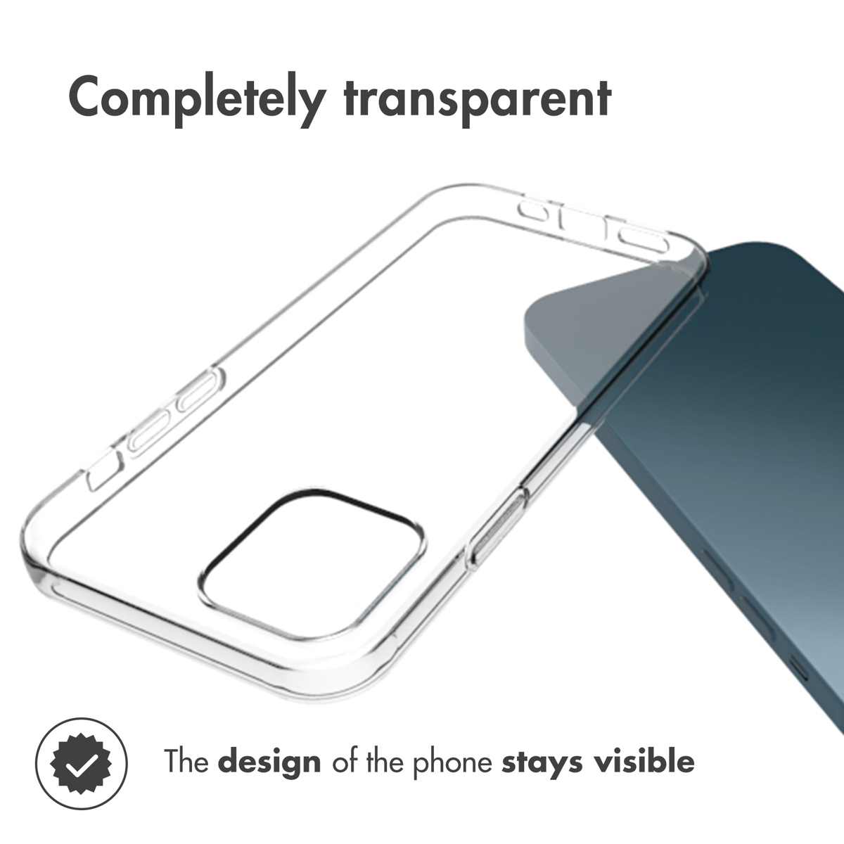 Una funda transparente para teléfono junto a un teléfono azul oscuro sobre un fondo blanco con texto.