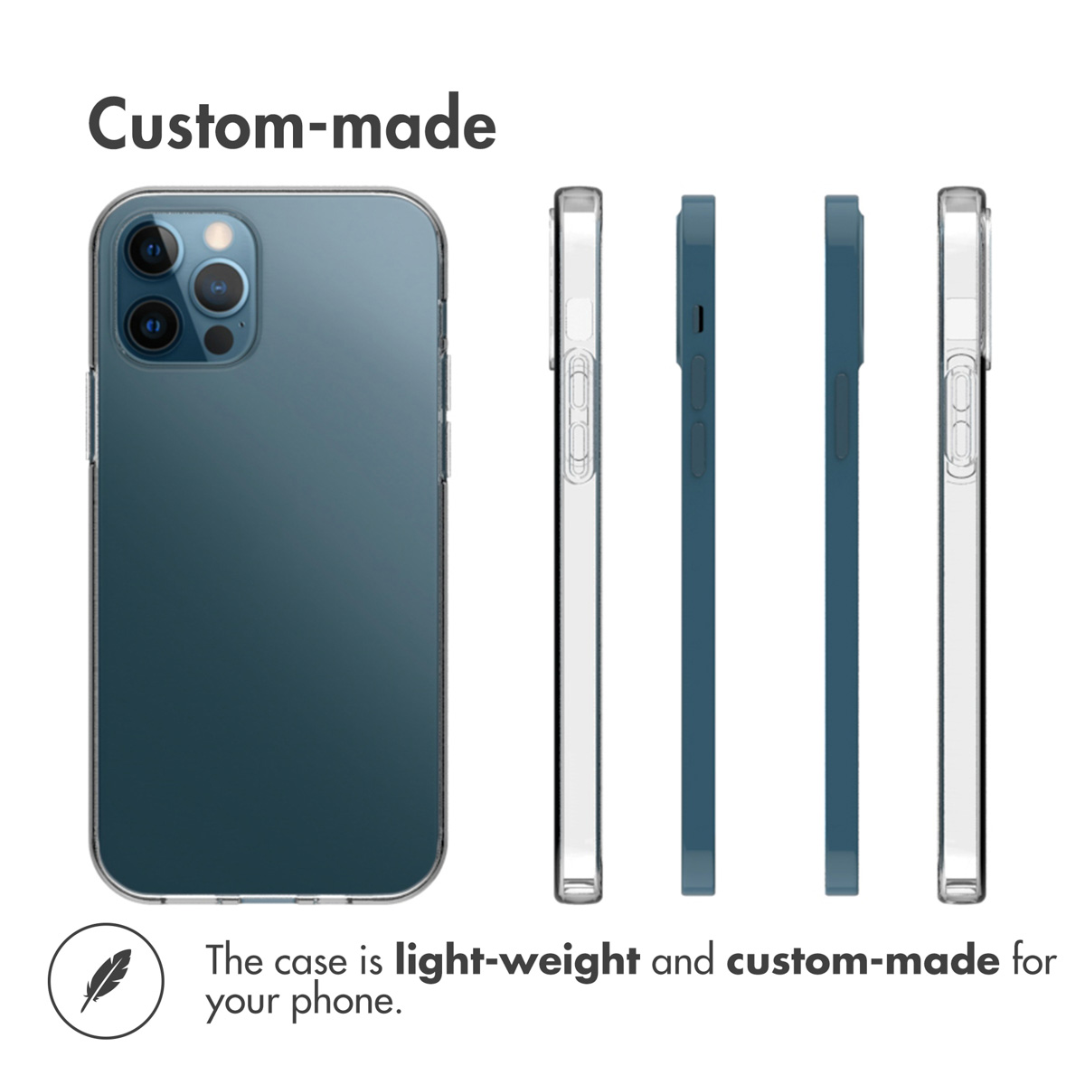 Una funda de teléfono azul ligera y hecha a medida vista desde varios ángulos.