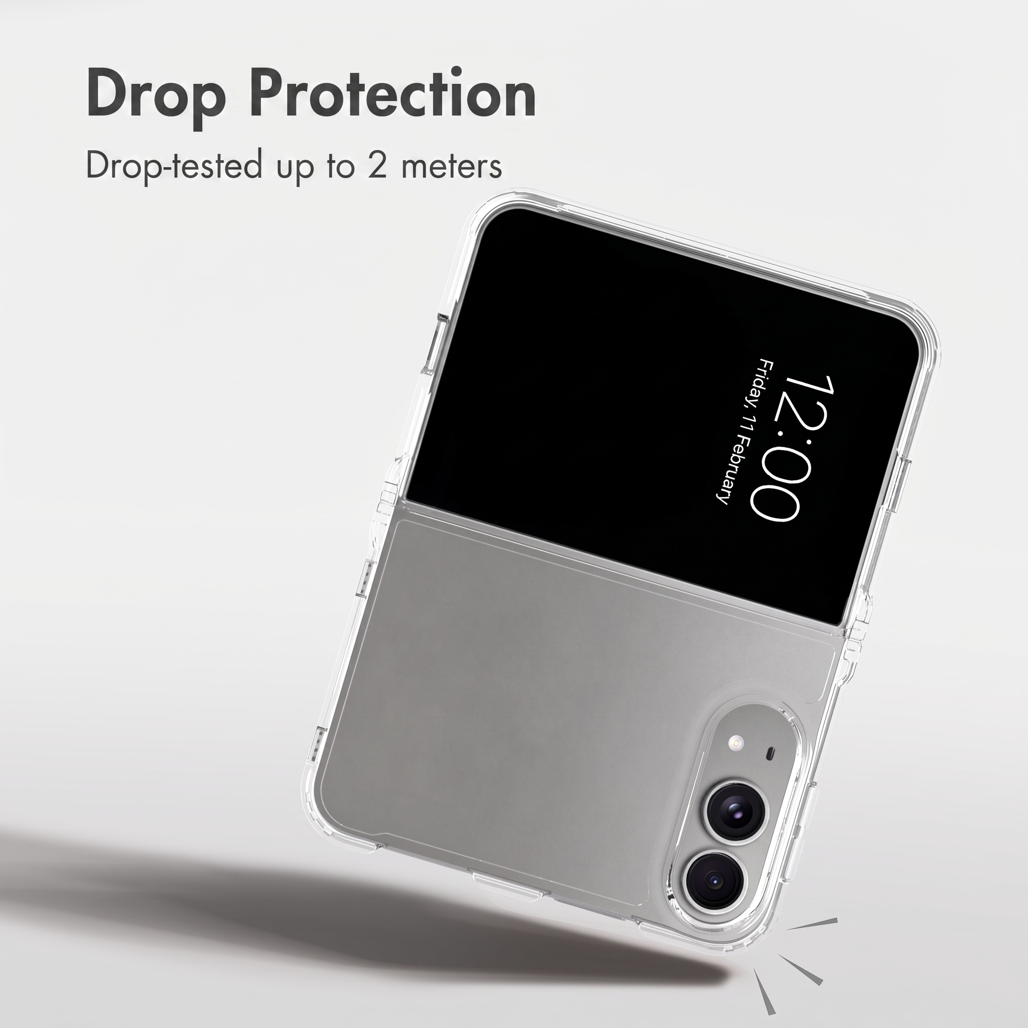 Un smartphone plegable con funda protectora transparente, con protección contra caídas de hasta 2 metros.