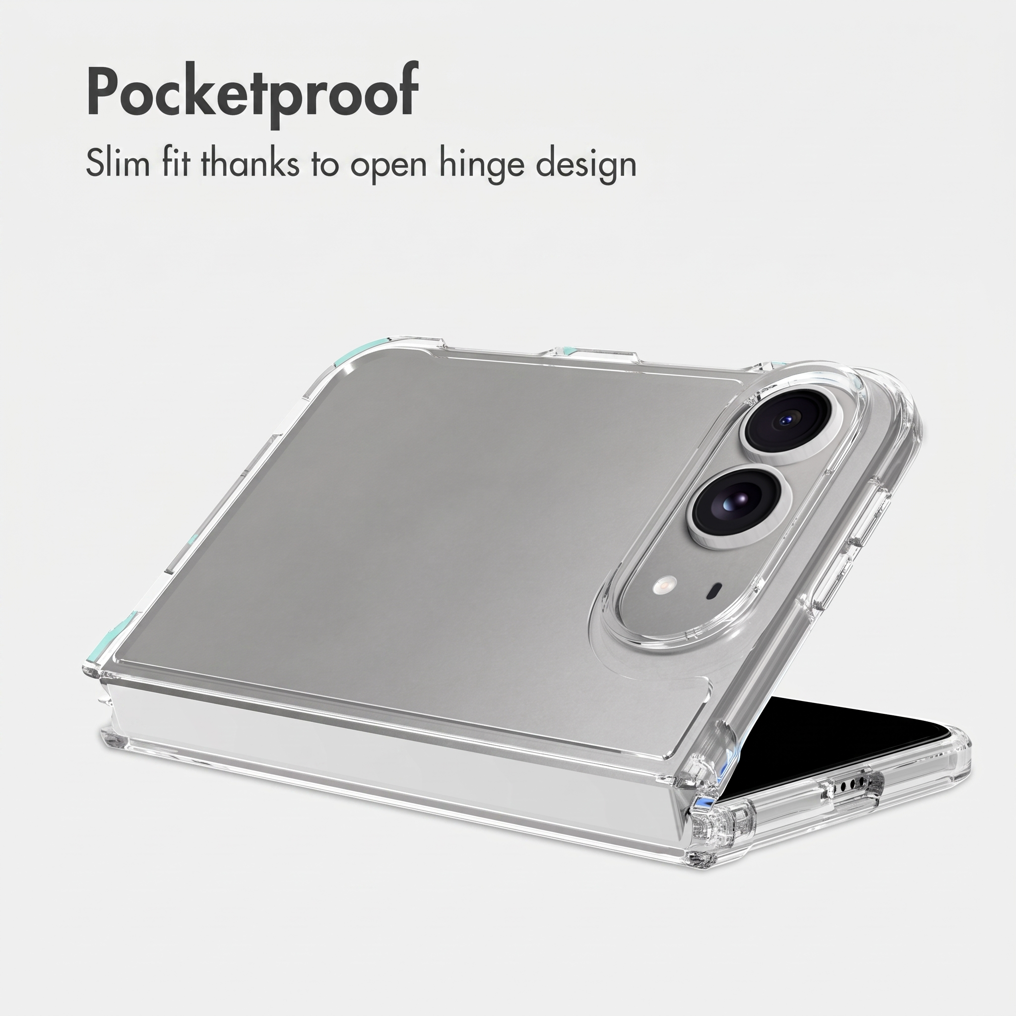 Un teléfono inteligente plegable en una funda transparente, con cámara dual en la parte trasera y texto arriba.
