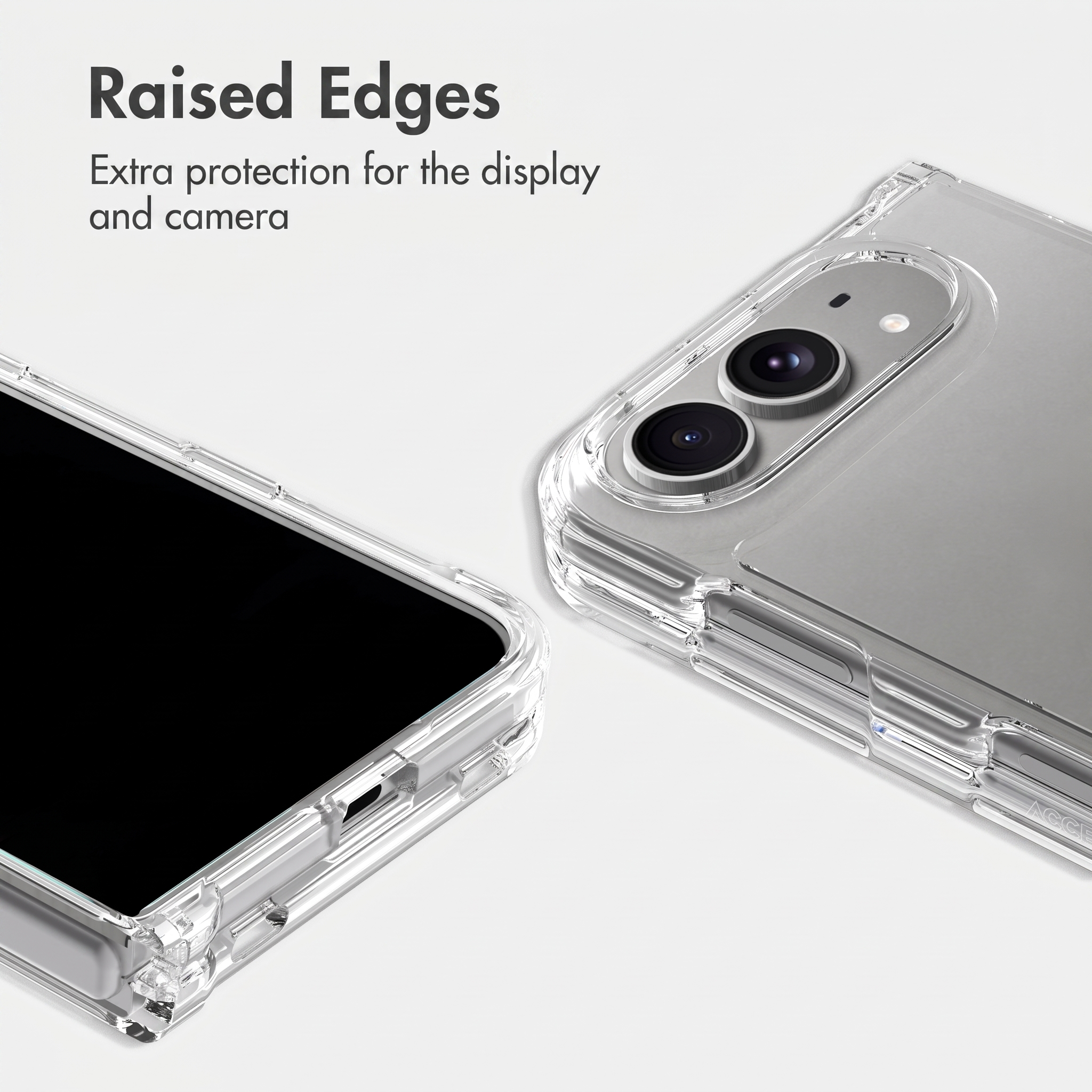 Funda transparente para móvil con bordes elevados para proteger la pantalla y la cámara.
