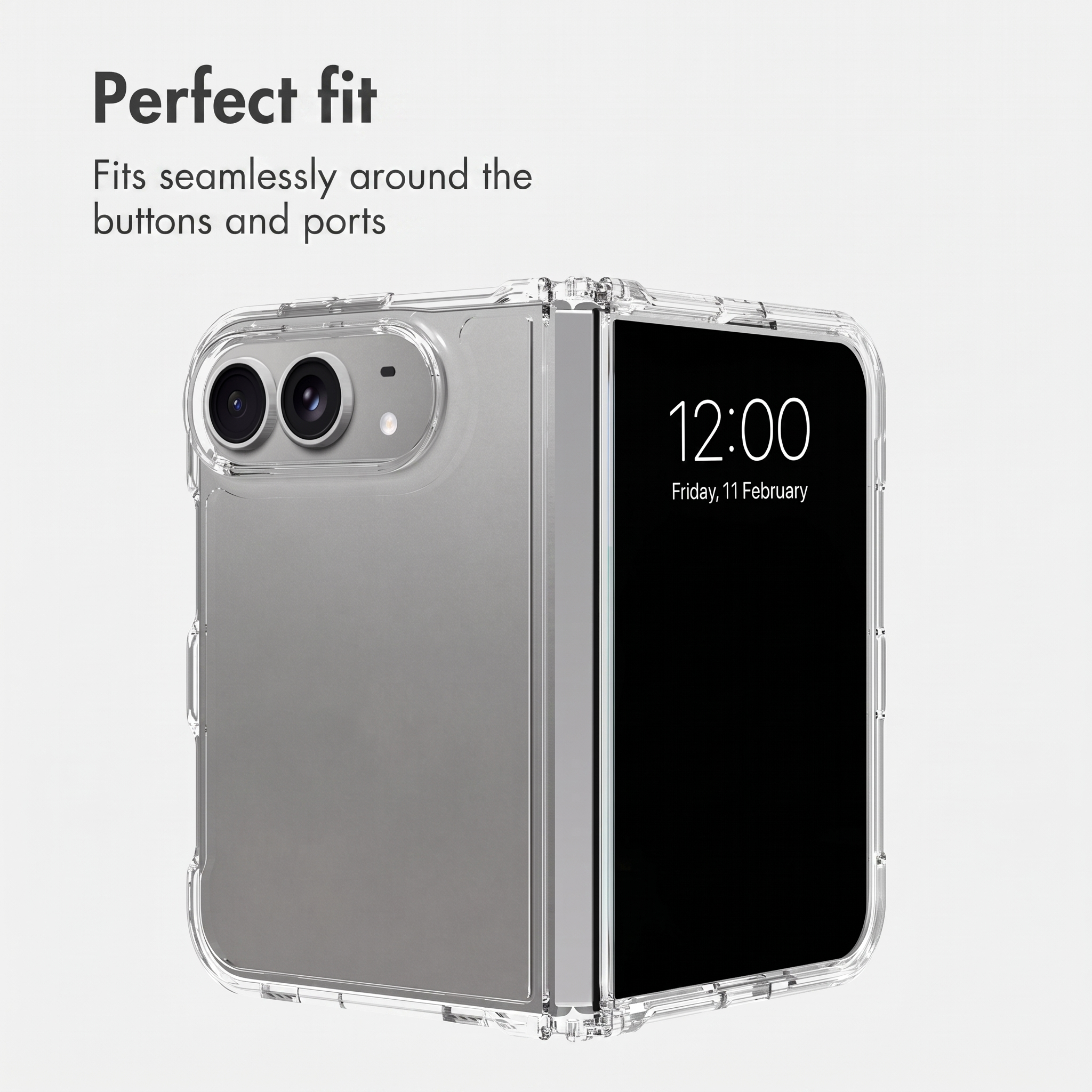 Un smartphone plegable en una funda protectora transparente con texto arriba a la izquierda sobre fondo blanco.