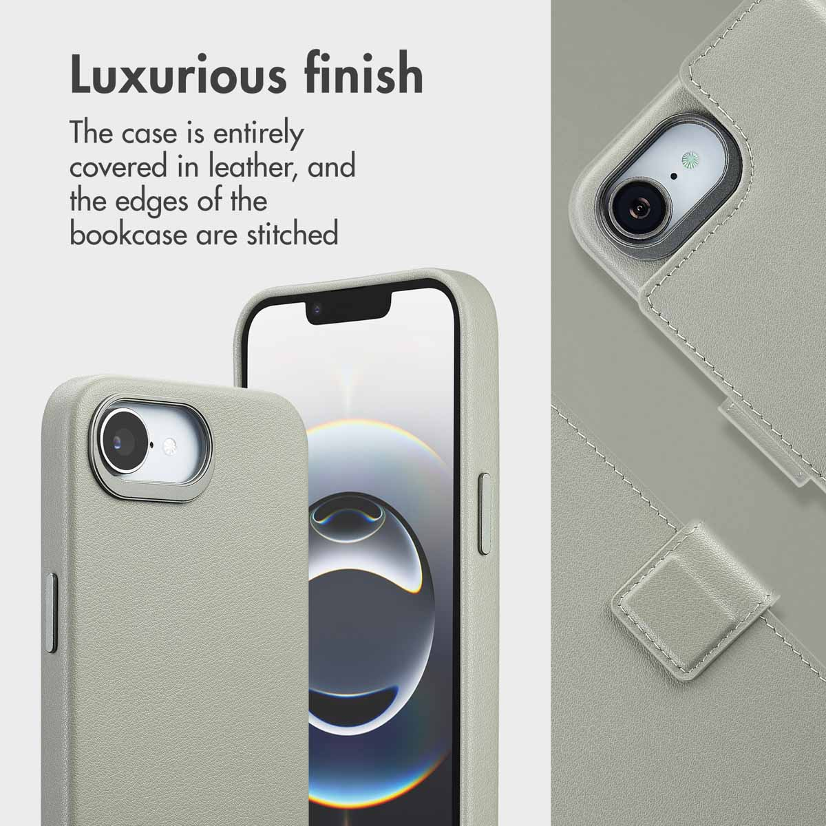 Lussuosa custodia per telefono in pelle grigio chiaro con cuciture.