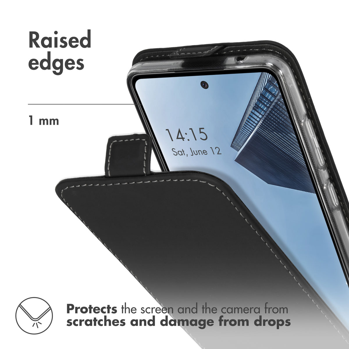 Une coque noire avec des bords surélevés de 1 mm pour protéger l'écran et l'appareil photo.