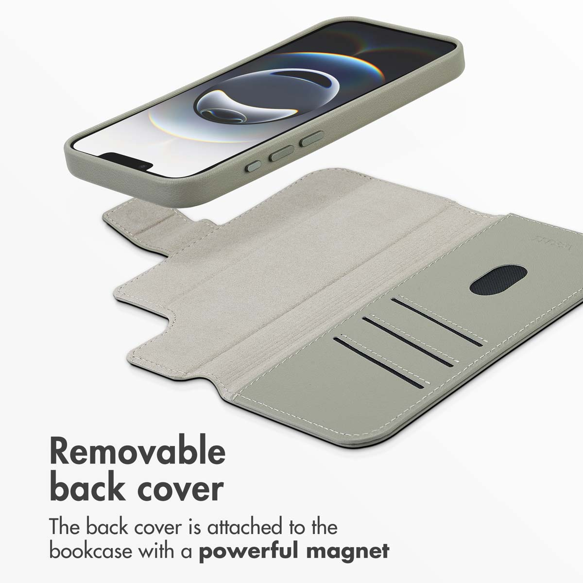 Una custodia grigia per telefono con cover posteriore rimovibile e scomparto magnetico.