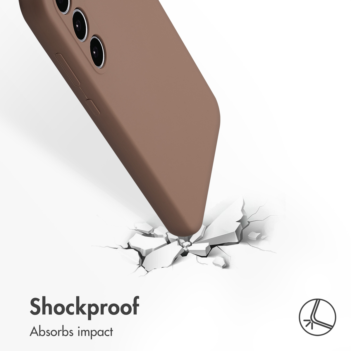 Un smartphone marrón impacta una superficie blanca agrietándose como vidrio, con texto y un símbolo.