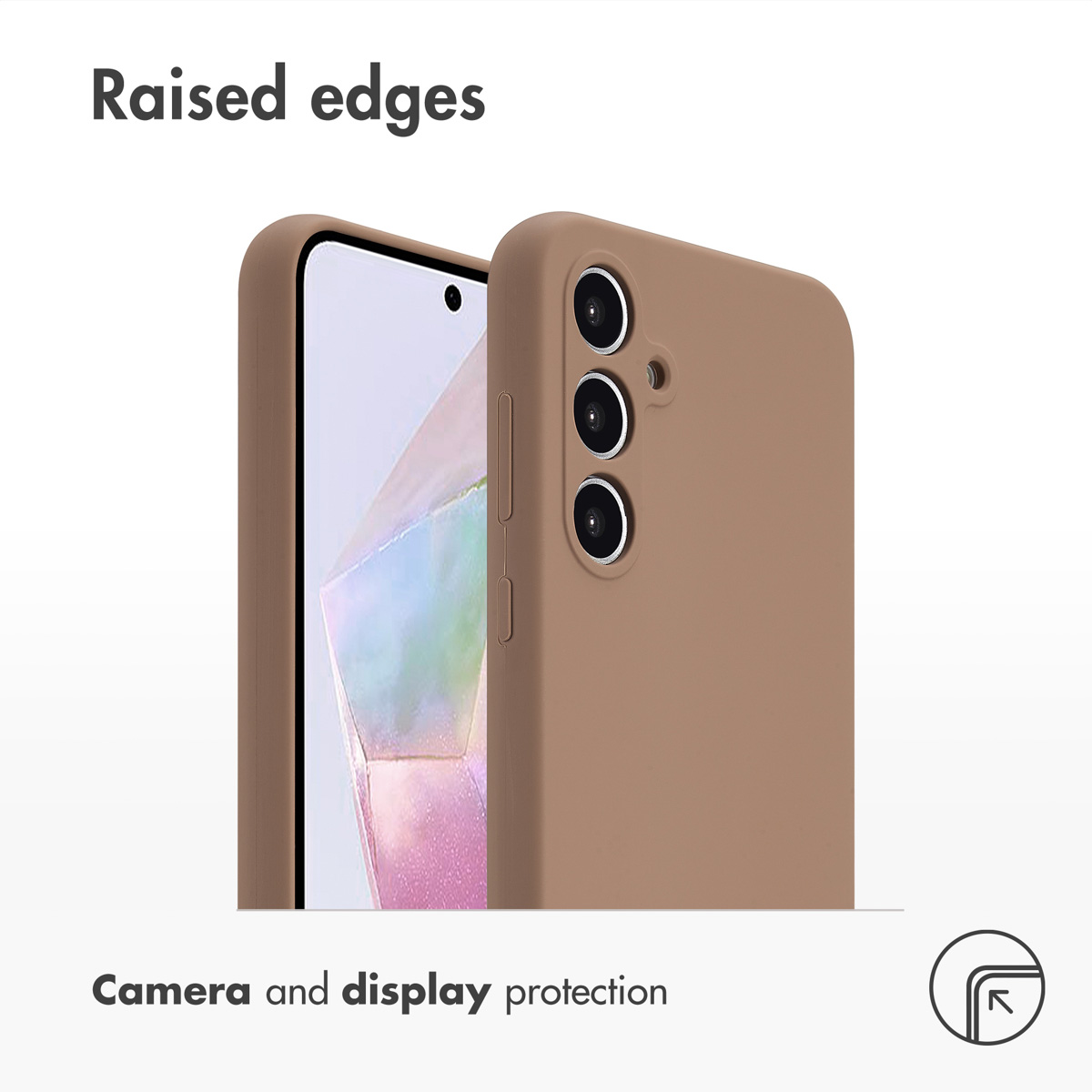 Un teléfono en una funda protectora marrón con bordes elevados para proteger la pantalla y la cámara.