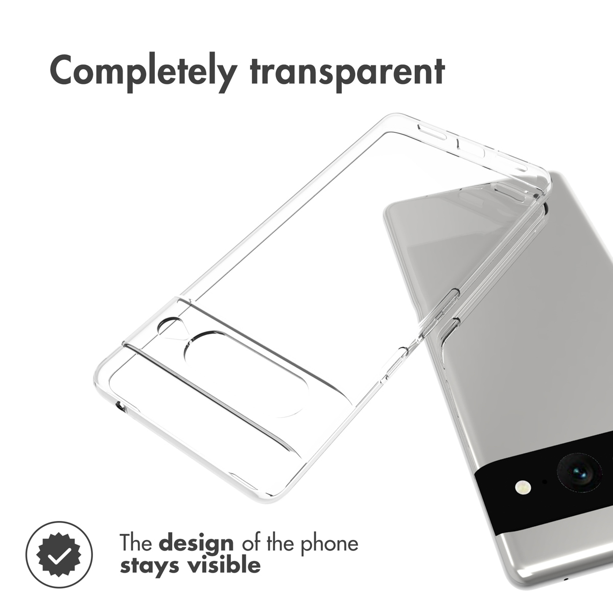 Una custodia trasparente accanto a uno smartphone argentato con barra della fotocamera nera.