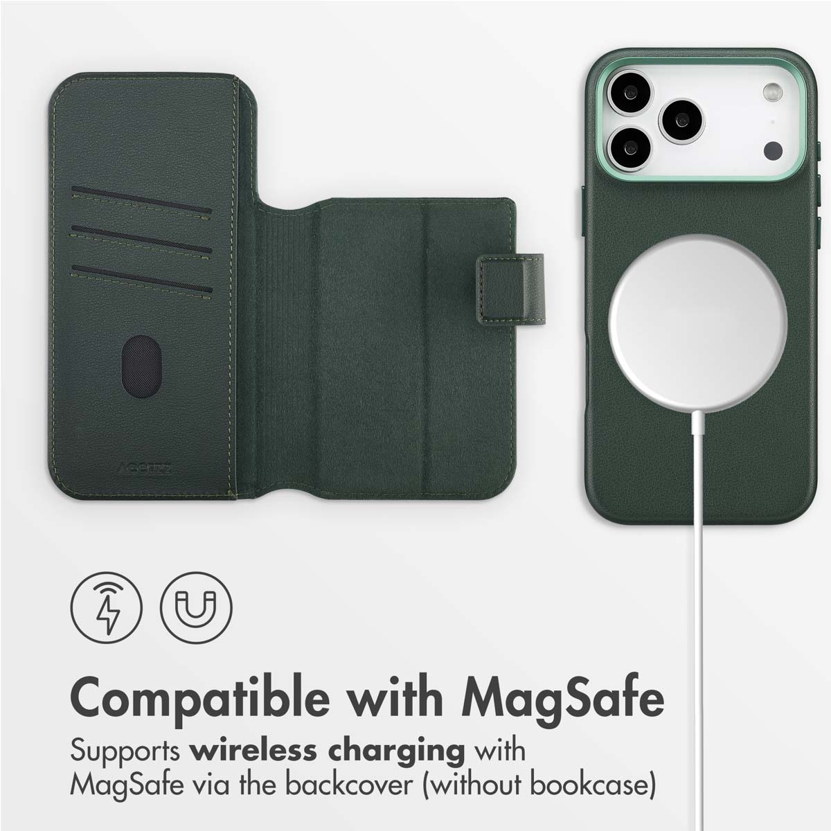 Funda de teléfono verde oscuro con tarjetero y carcasa MagSafe separada durante la carga inalám.