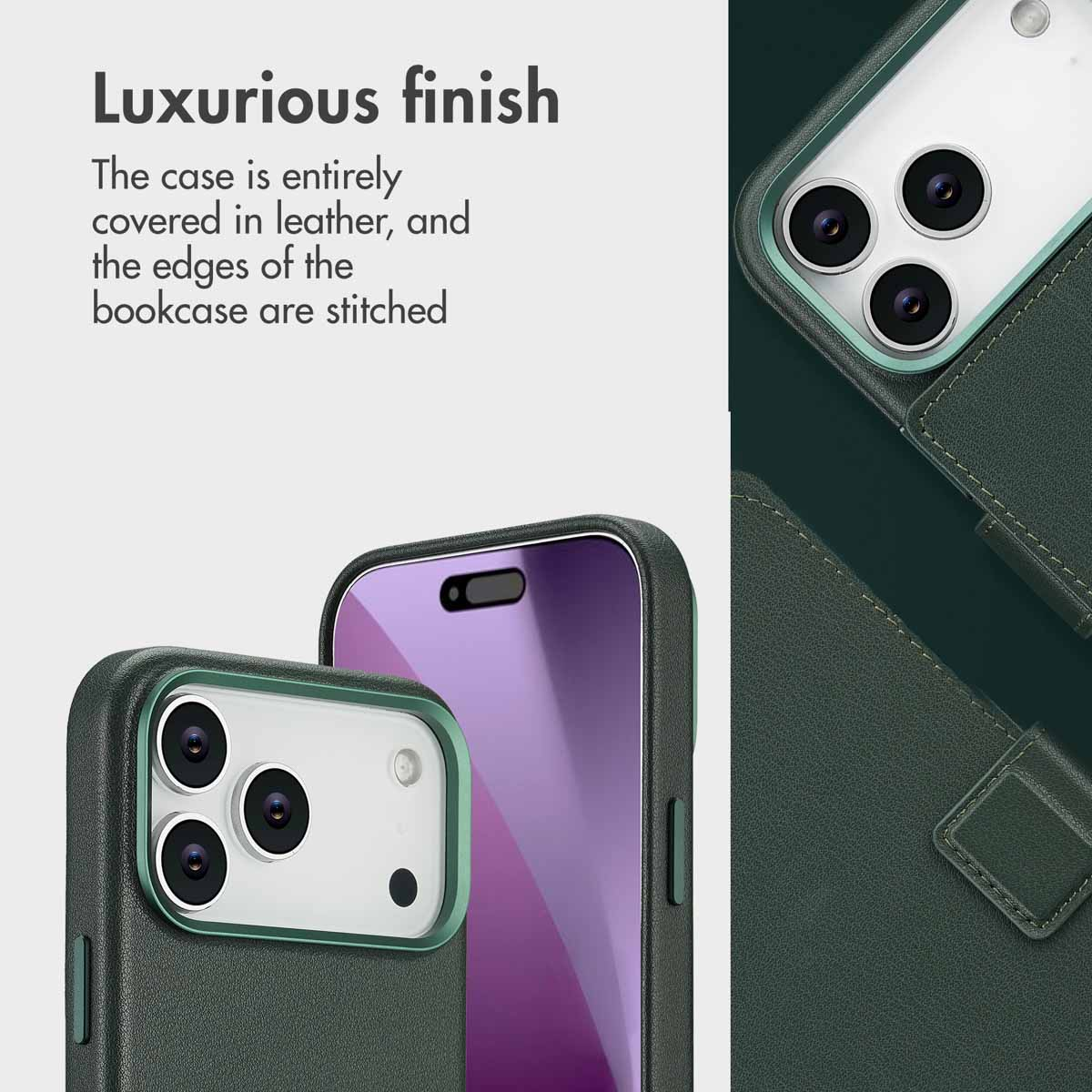 Lujosa funda de cuero para teléfono con borde verde, costuras visibles y triple cámara.