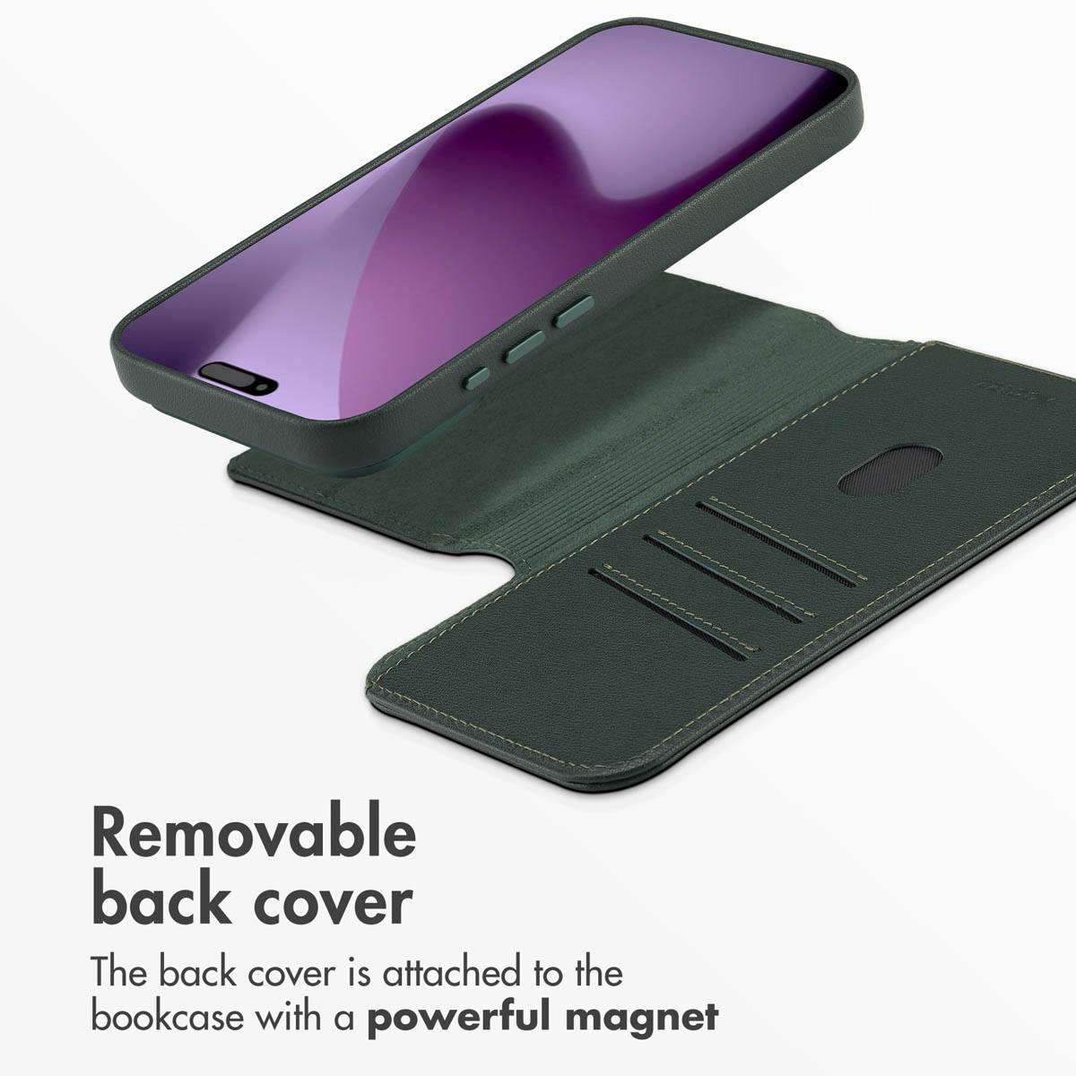 Una funda de móvil de cuero verde oscuro con tarjeteros y tapa trasera magnética.