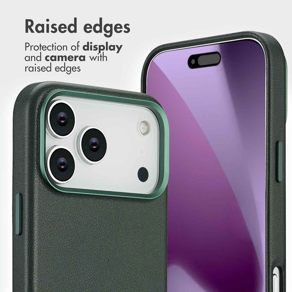 Funda verde para smartphone con bordes elevados para proteger la pantalla y la cámara.