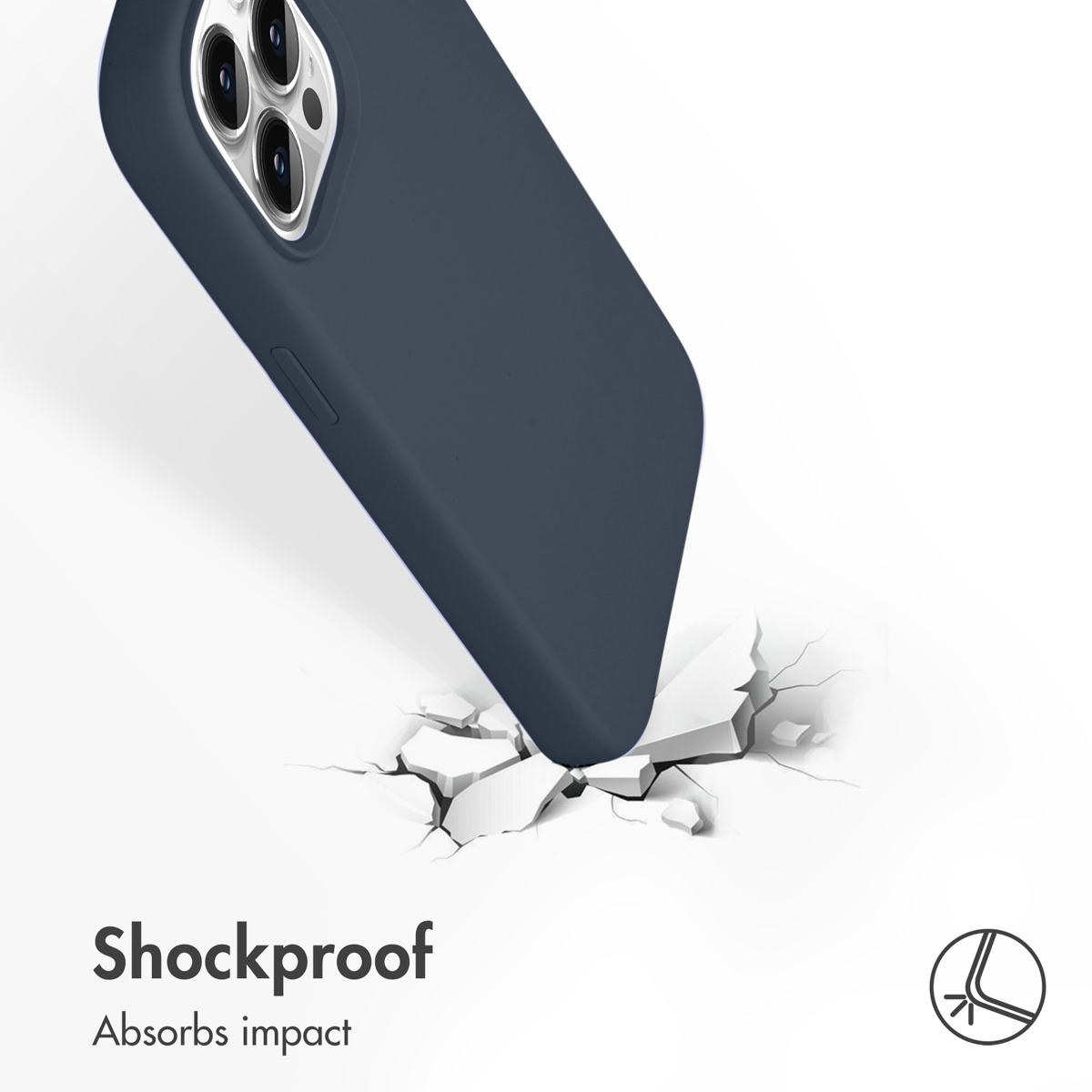 Un smartphone azul oscuro golpea una superficie blanca que se rompe. Texto: Shockproof. Absorbs impact.
