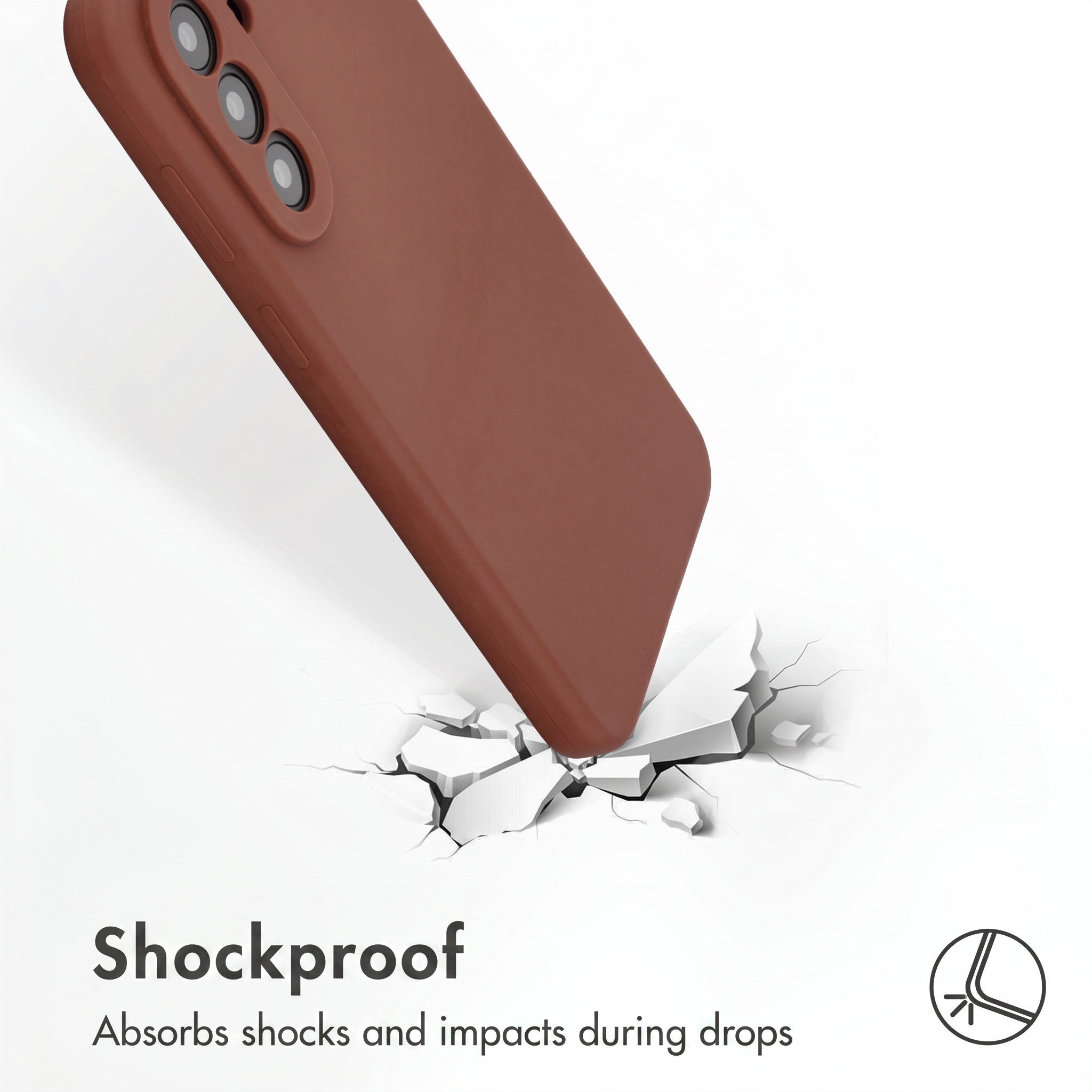 Une coque de téléphone marron heurte une surface blanche fissurée, illustrant une protection antichoc.