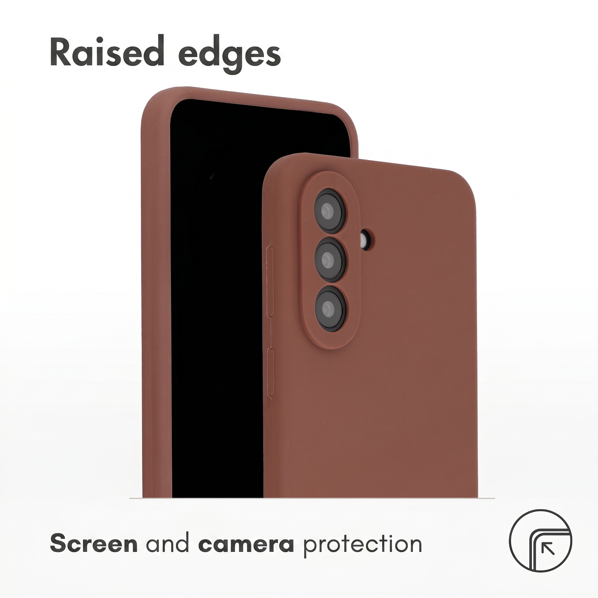 Coque de protection marron pour téléphone portable avec bords surélevés pour l'écran et l'appareil photo.