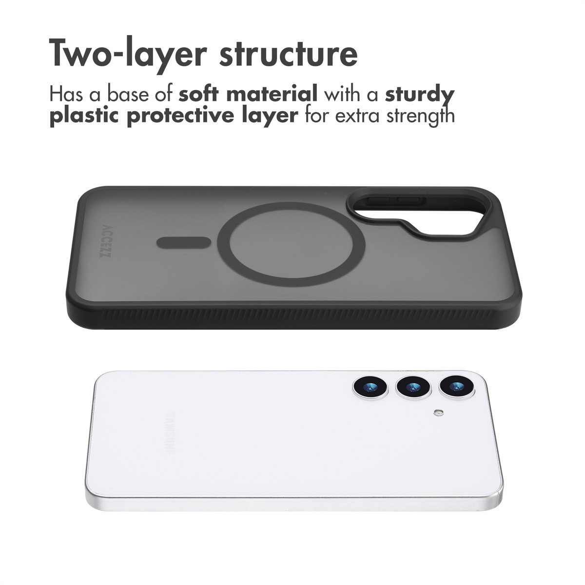 Funda para móvil de estructura bicapa con material blando y capa de plástico resistente sobre un smartphone blanco.