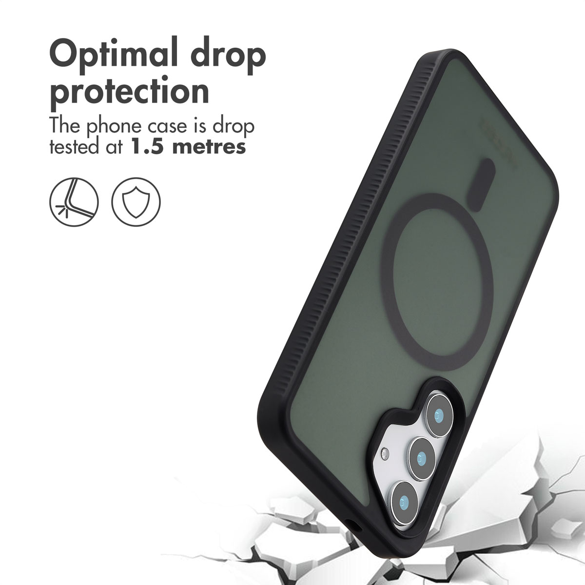 Se muestra una funda de teléfono verde oscura sobre hormigón blanco agrietado, destacando protección contra caídas y texto.