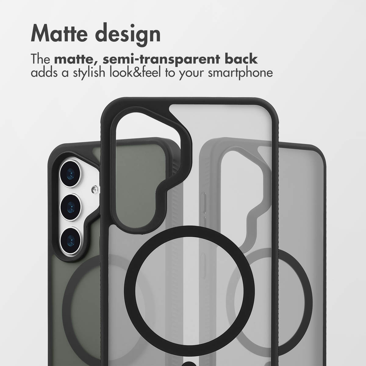 Funda para smartphone mate y semitransparente con marco negro y recorte para cámara.