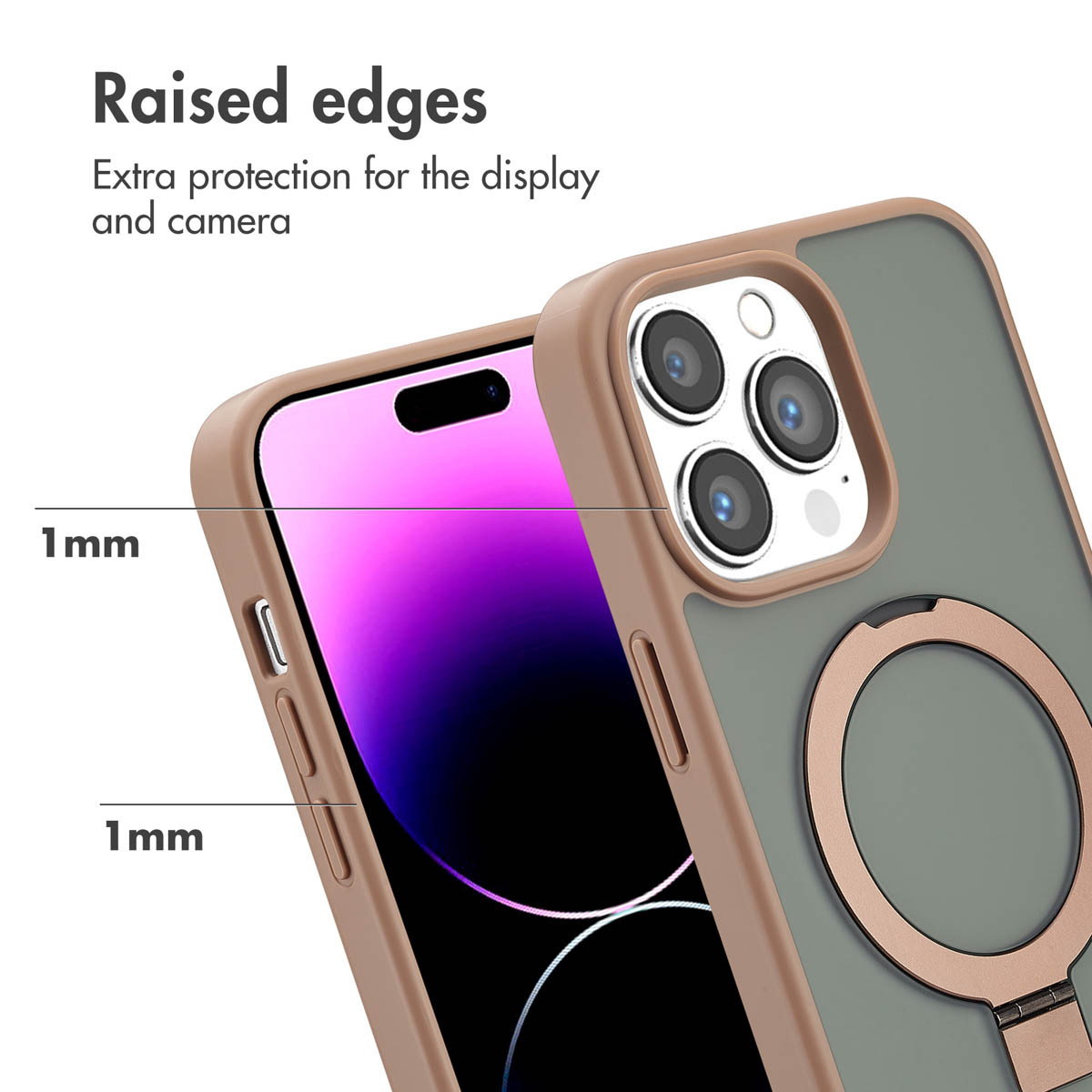 Smartphone in custodia grigia con dettagli in oro rosa mostra bordi rialzati di 1 mm.