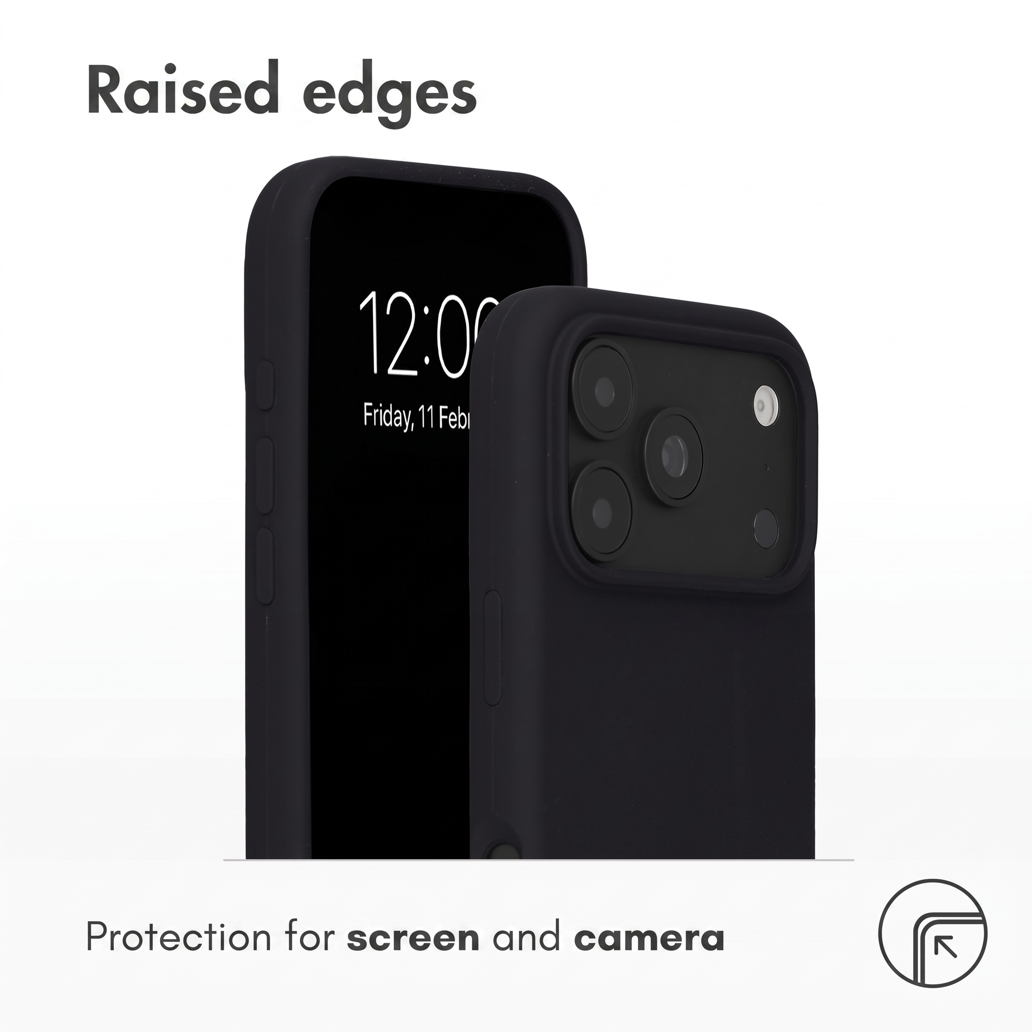 Deux smartphones noirs dotés de coques de protection affichent des bords surélevés.