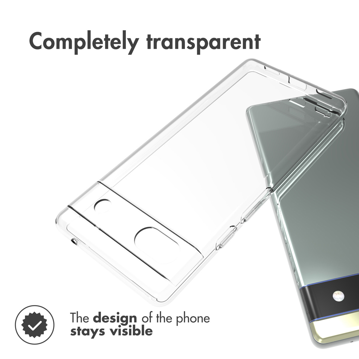 Una custodia per cellulare trasparente accanto a un telefono, che mostra che il design resta visibile.