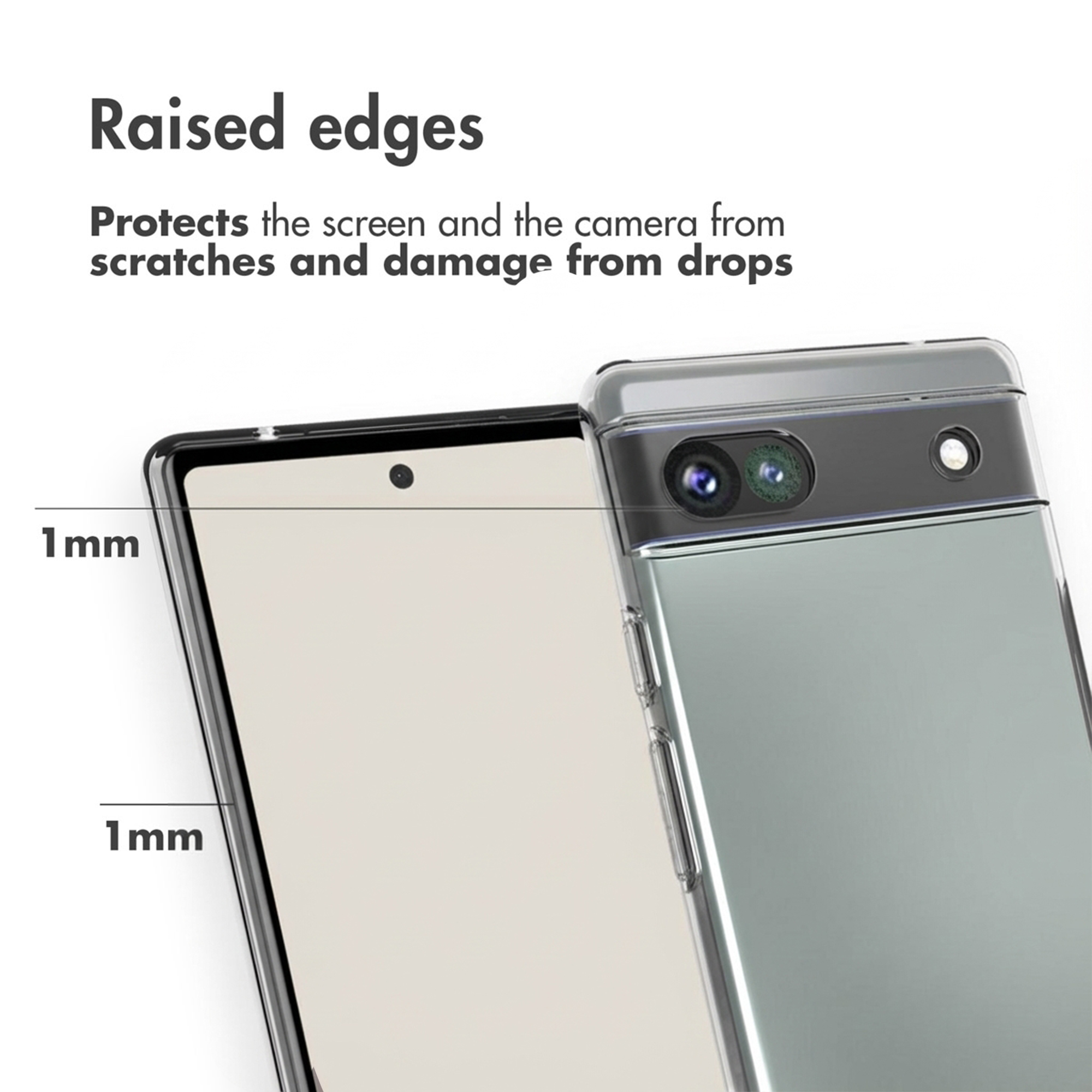 Primo piano di uno smartphone con cover trasparente che evidenzia i bordi rialzati di 1 mm.