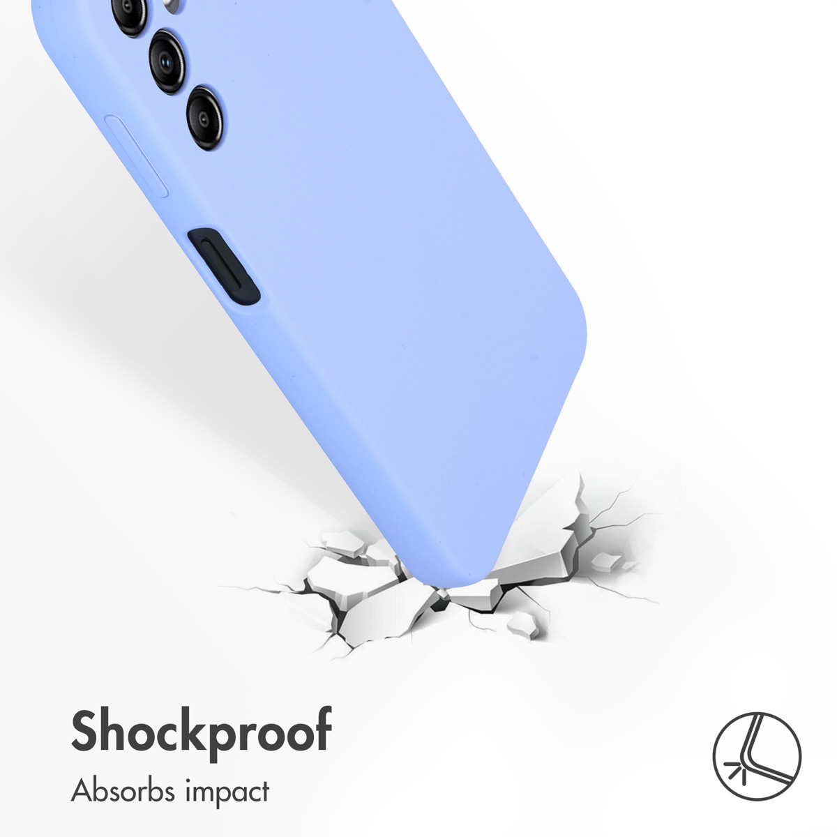 Een lichtblauwe smartphone slaat op een witte, brekende oppervlak. Onderaan staat 'Shockproof'.