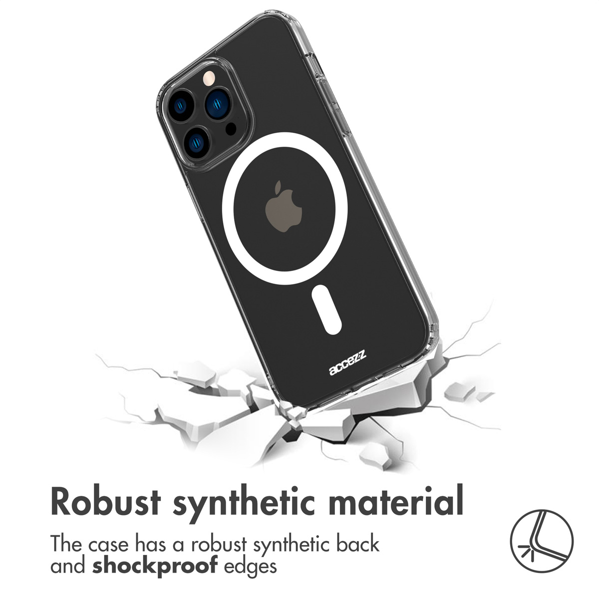 Smartphone negro en funda transparente con anillo MagSafe, sobre una superficie blanca agrietada.