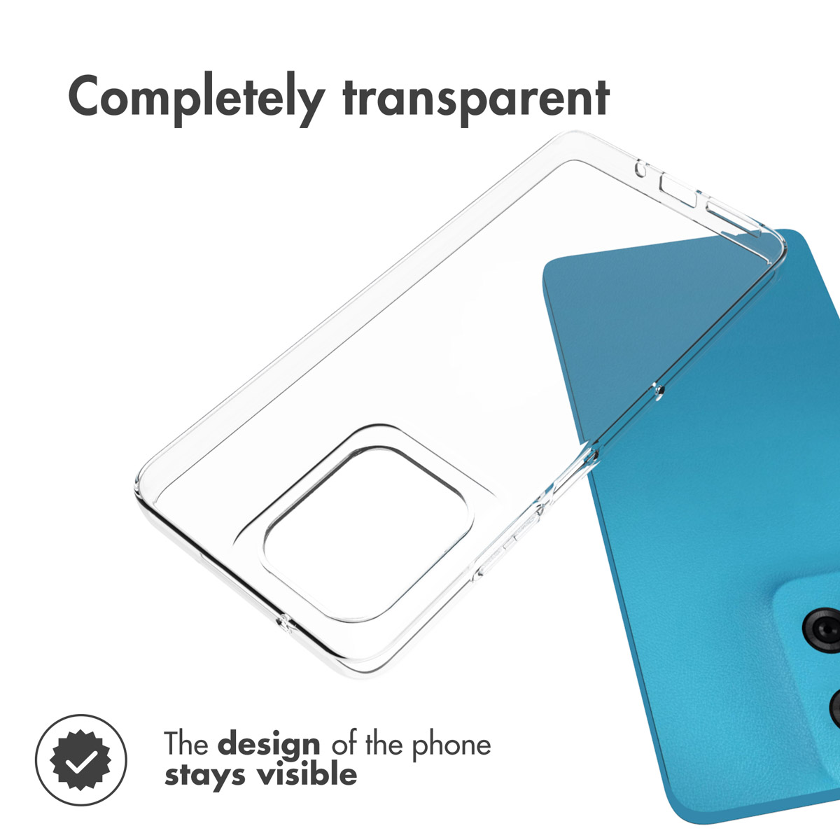 Eine klare, transparente Handyschutzhülle liegt neben einem blauen Smartphone auf weißem Hintergrund.