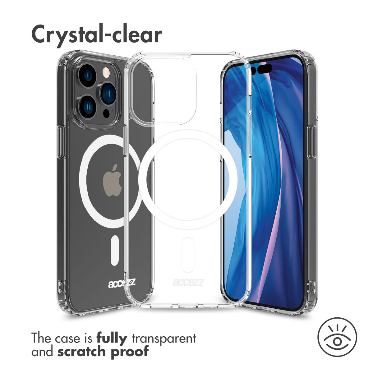 Funda de teléfono MagSafe transparente desde tres ángulos con texto e iconos.