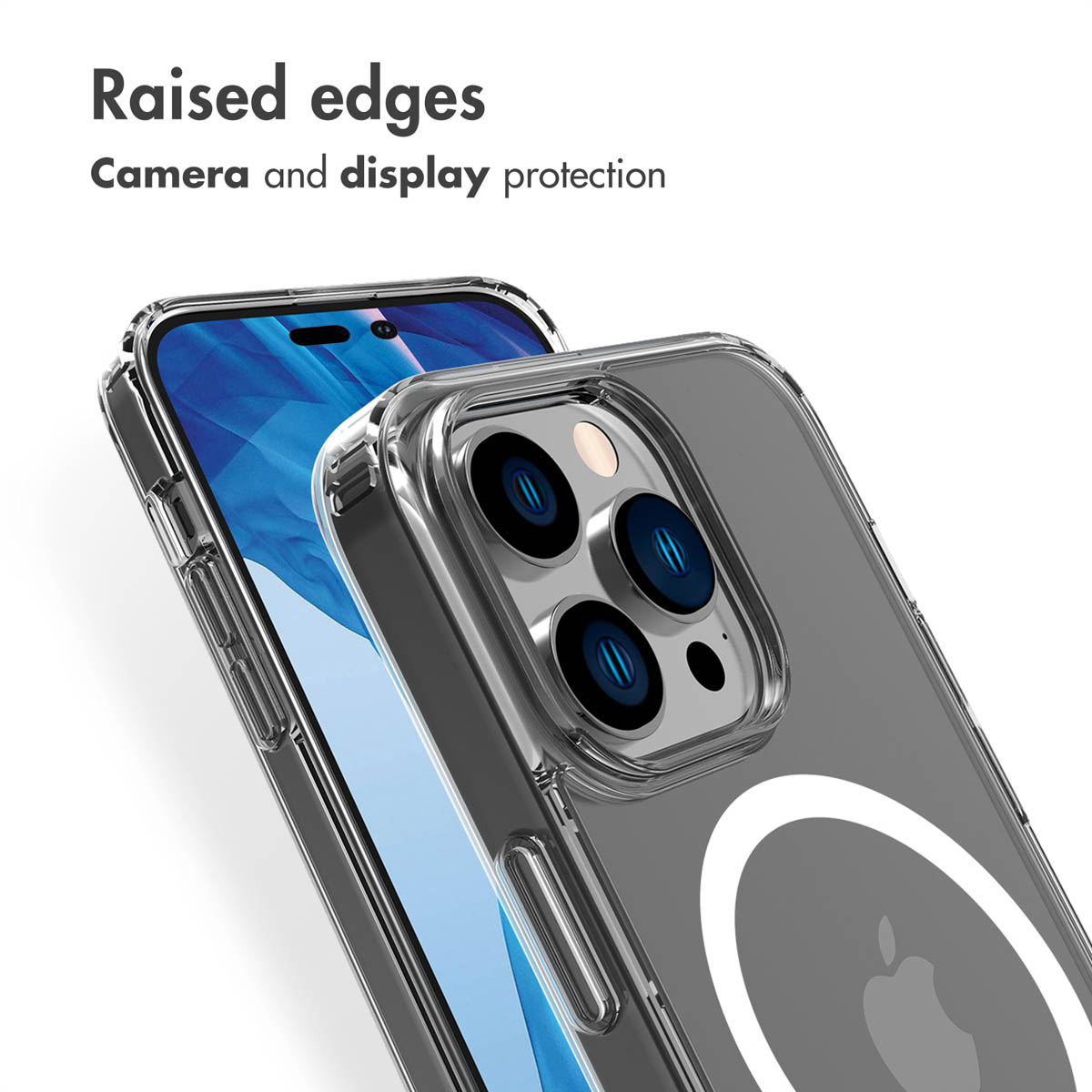 Los bordes elevados protegen la cámara y la pantalla de un smartphone en funda transparente.