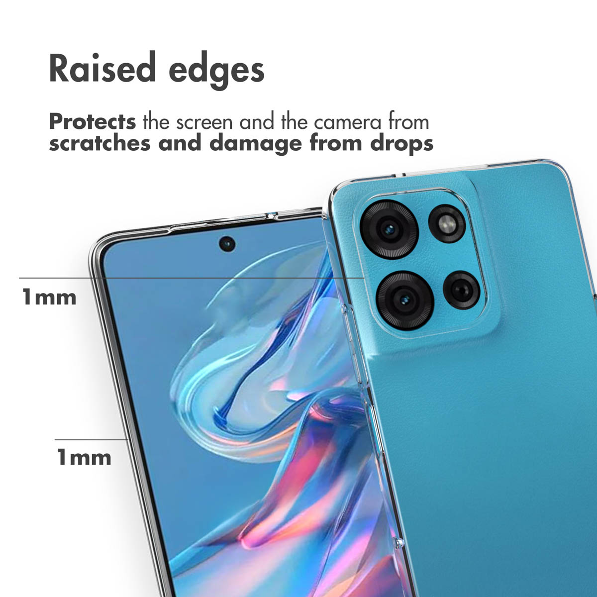 Nahaufnahme eines blauen Handys mit Schutzhülle und 1 mm erhöhtem Rand zum Schutz von Display und Kamera.